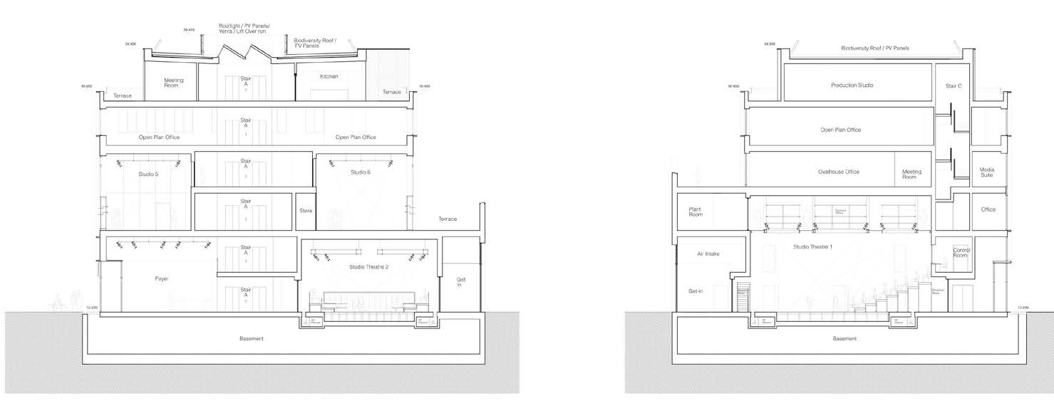 Cross sections of the theatre, highlighting the numerous spaces accommodated within the building