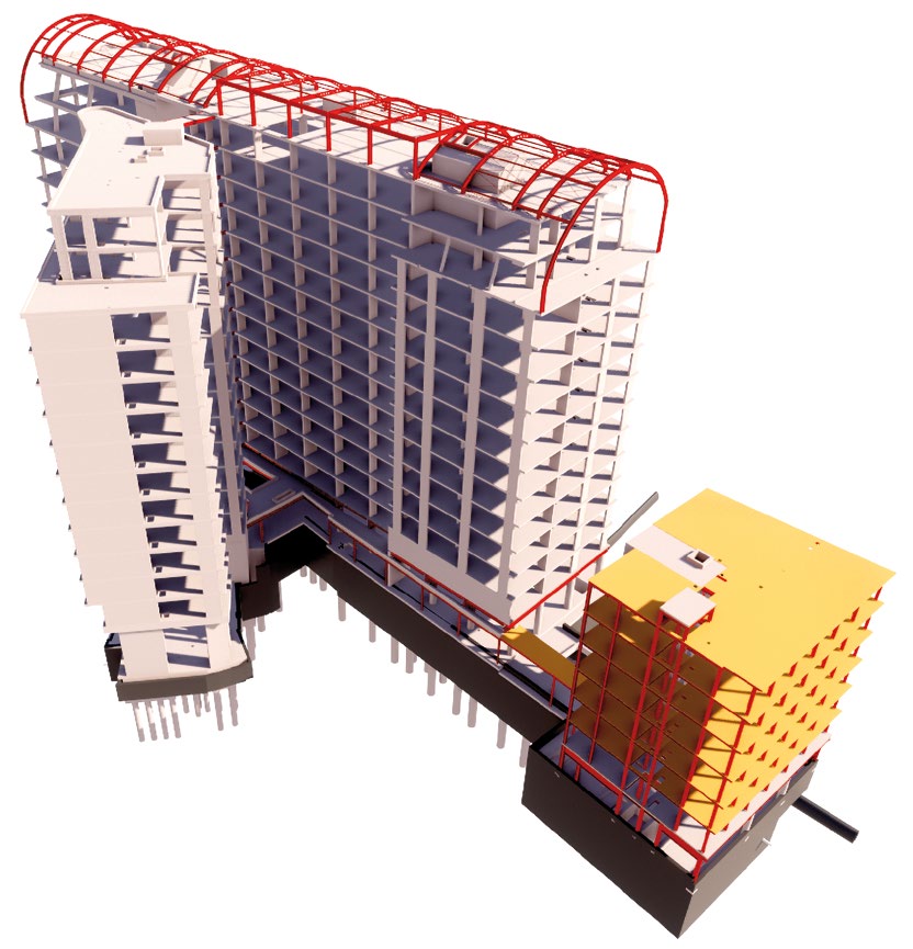 The steel deck supports a 14-storey block and connects to a six-storey steel-framed structure