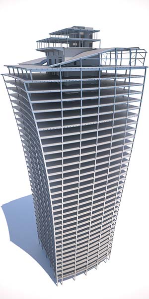 To balance the structure the main core was moved slightly off centre during the design model stage