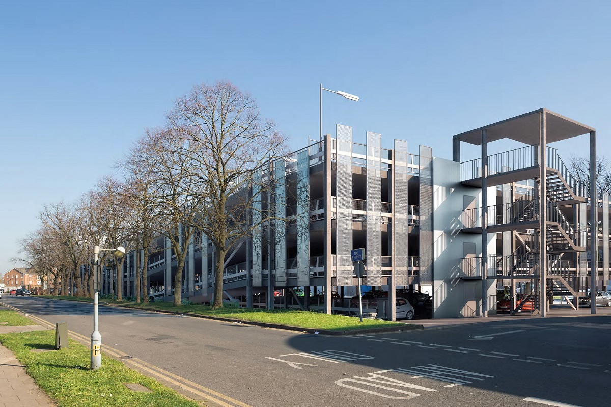 The car park is formed with a steel frame supporting precast flooring units