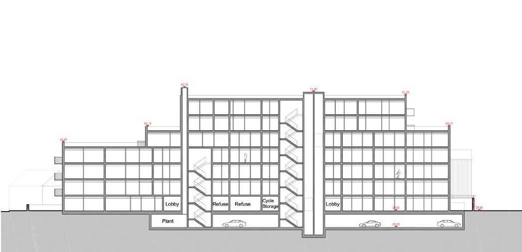 Steel House oversails the basement car park