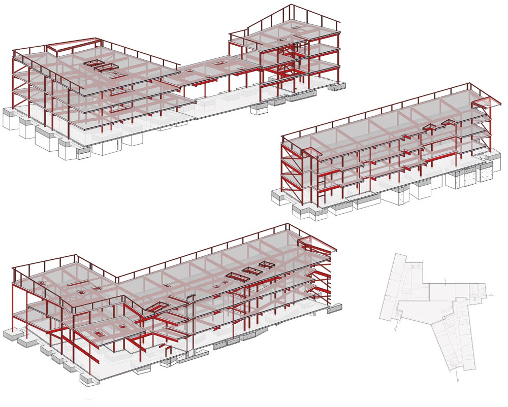 Three sections of the main school building’s steel frame and a view of the school’s Z-shaped footprint