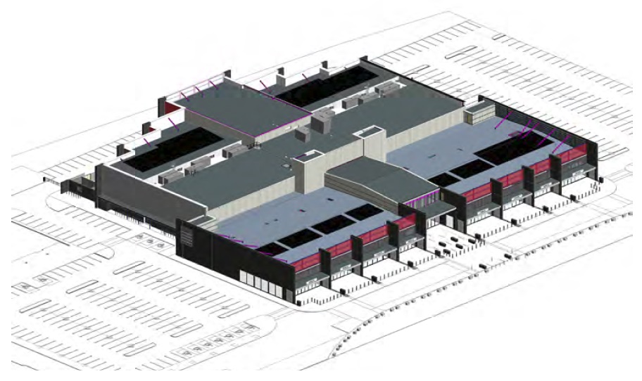 Two interlinked steel structures form the complex