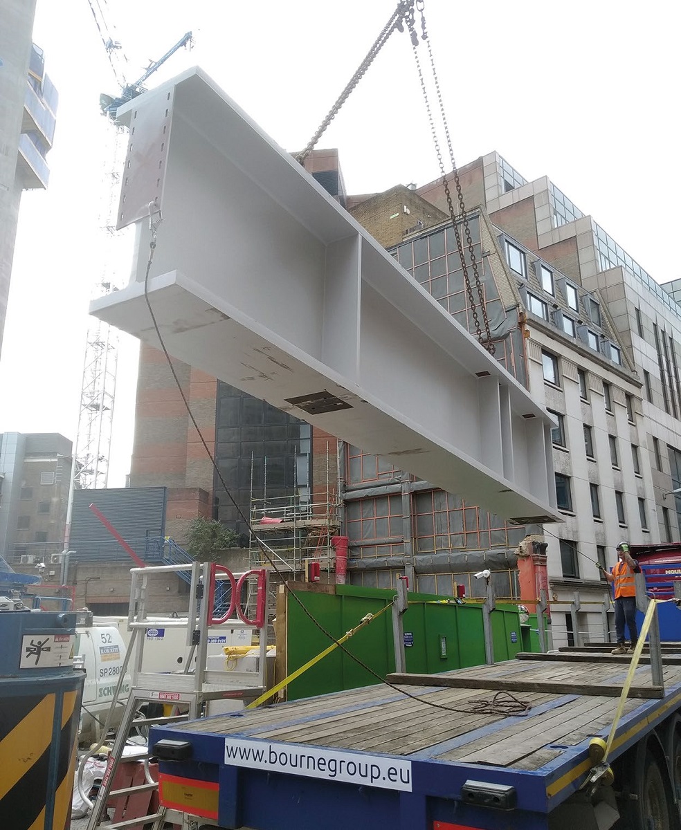 Bourne Steel unloads the project's largest plate girder