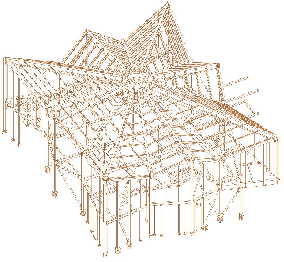 The complex steel design creates enough space to exhibit the tapestry