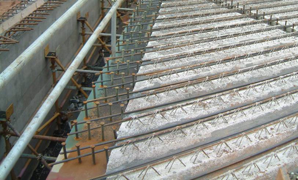 Longitudinal reinforcing bars in a skew ladder deck bridge