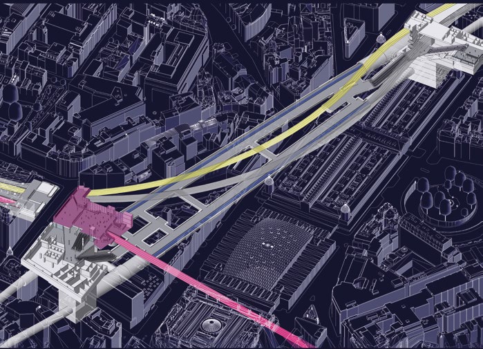 Diagram illustrating the positions of the western (left) and eastern ticket halls. The Crossrail line is in yellow, the existing Thameslink line is in pink and the Underground lines are in grey