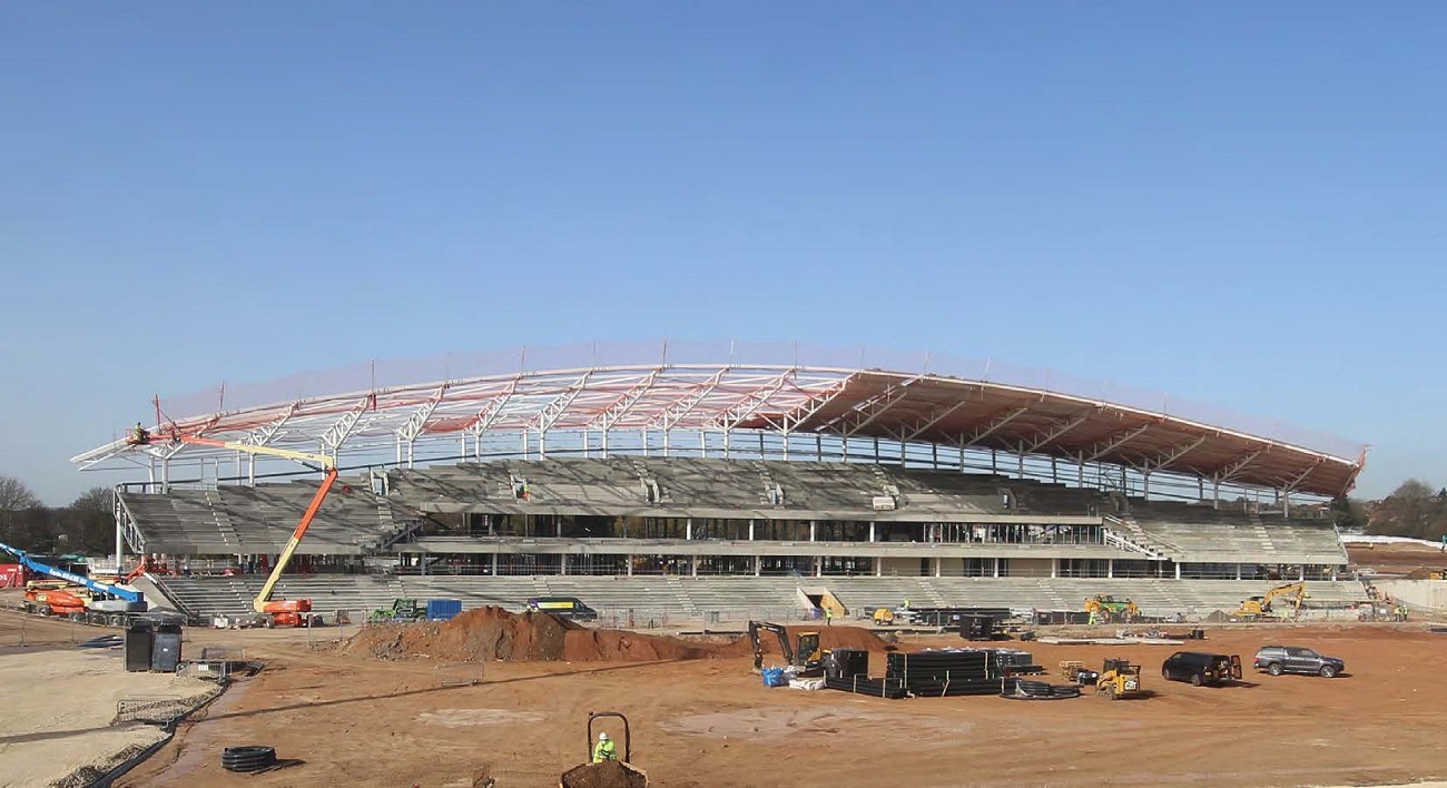 The West Stand is topped by a series of trusses, up to 29m-long, to form the roof