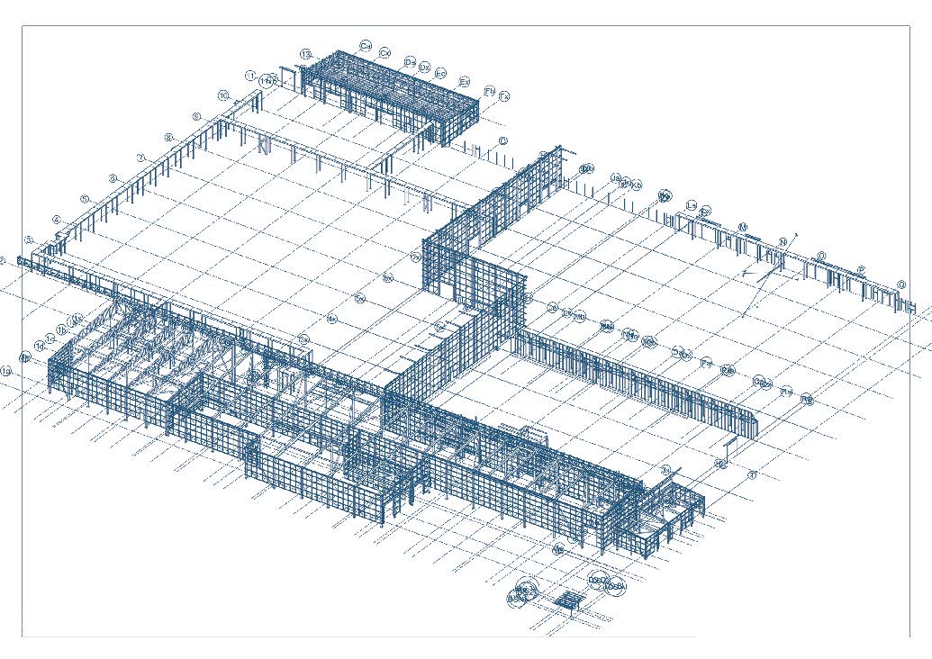 Model showing the footprint of the existing building with the new extensions and internal steelwork