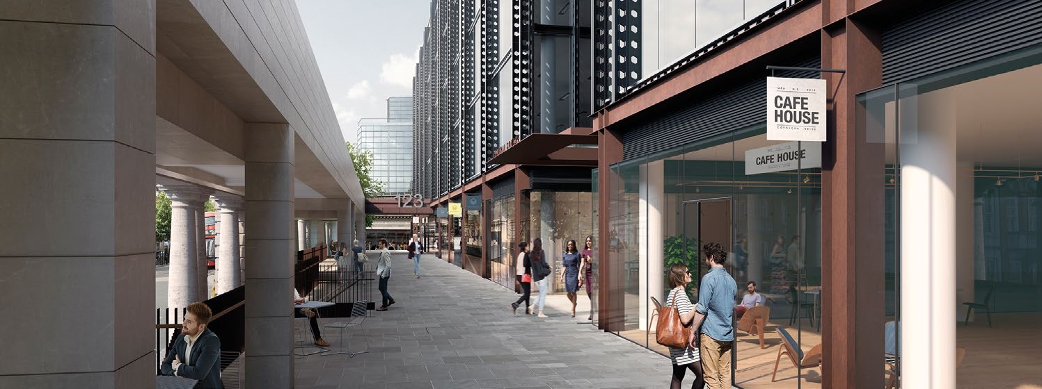 Steelwork forms new shop fronts, enhancing the public realm along Buckingham Palace Road