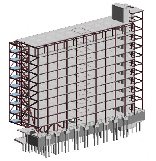 Model showing the steel frame and the two parallel trusses supporting the staircase - on the left