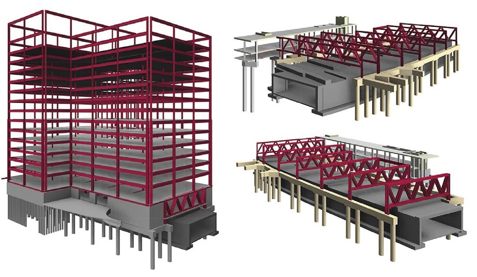 The steel frame sits on top of a series of trusses that span a major thoroughfare