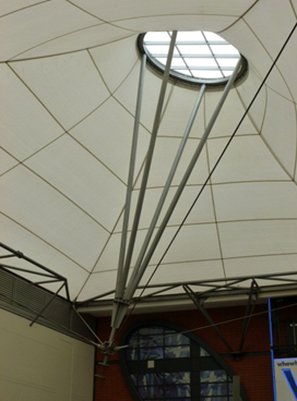Assembly scale – Expressed use of steel struts and ties to support a tent roof structure at Belfast’s Odyssey