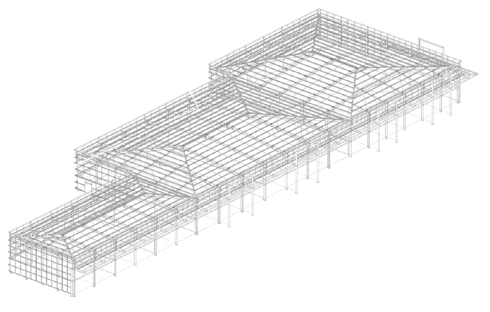 Model highlighting the project's three portal-framed elements