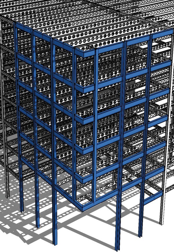 The steel frame has a cantilevering entrance