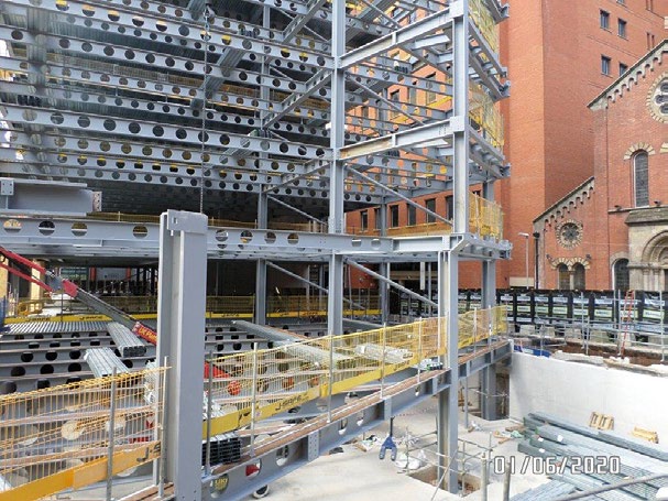 Based around a varying grid pattern, steelwork starts at basement level