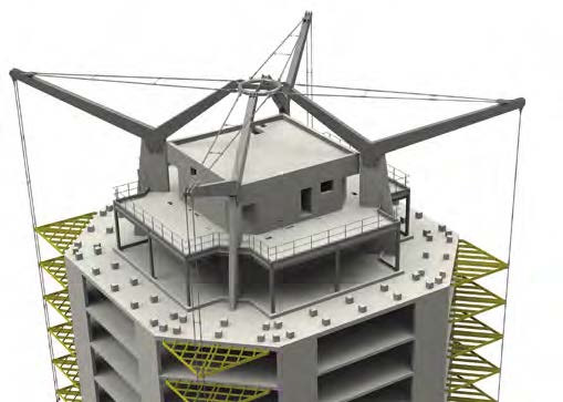 Model showing the steelwork and the balcony-supporting Macalloy bars