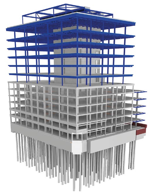 The new steelwork elements (in blue) create column-free office spaces for the upper floors