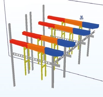 Each girder was supplied in three sections, red, orange and blue, and welded together onsite, while supported on temporary props - yellow