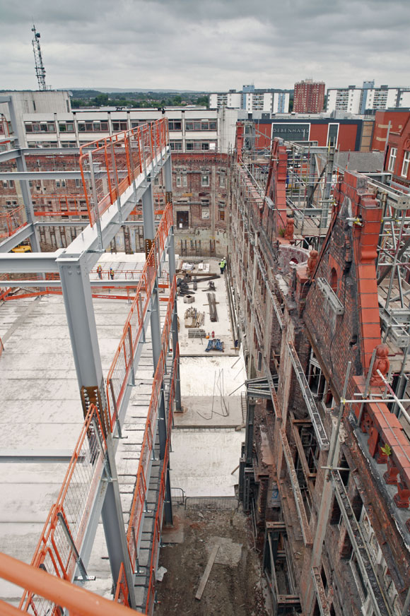 A retained façade has been incorporated along three sides of the north site