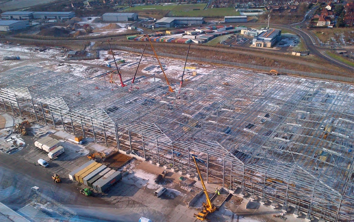The large warehouse, at the former colliery site, takes shape
