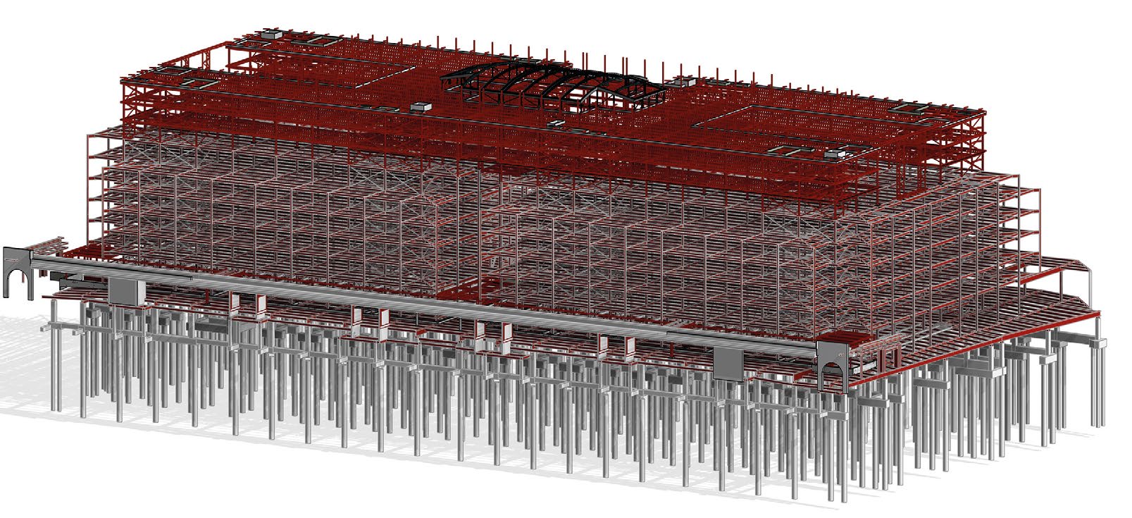 Model highlighting the new
rooftop steel frames and the ground floor retail extensions