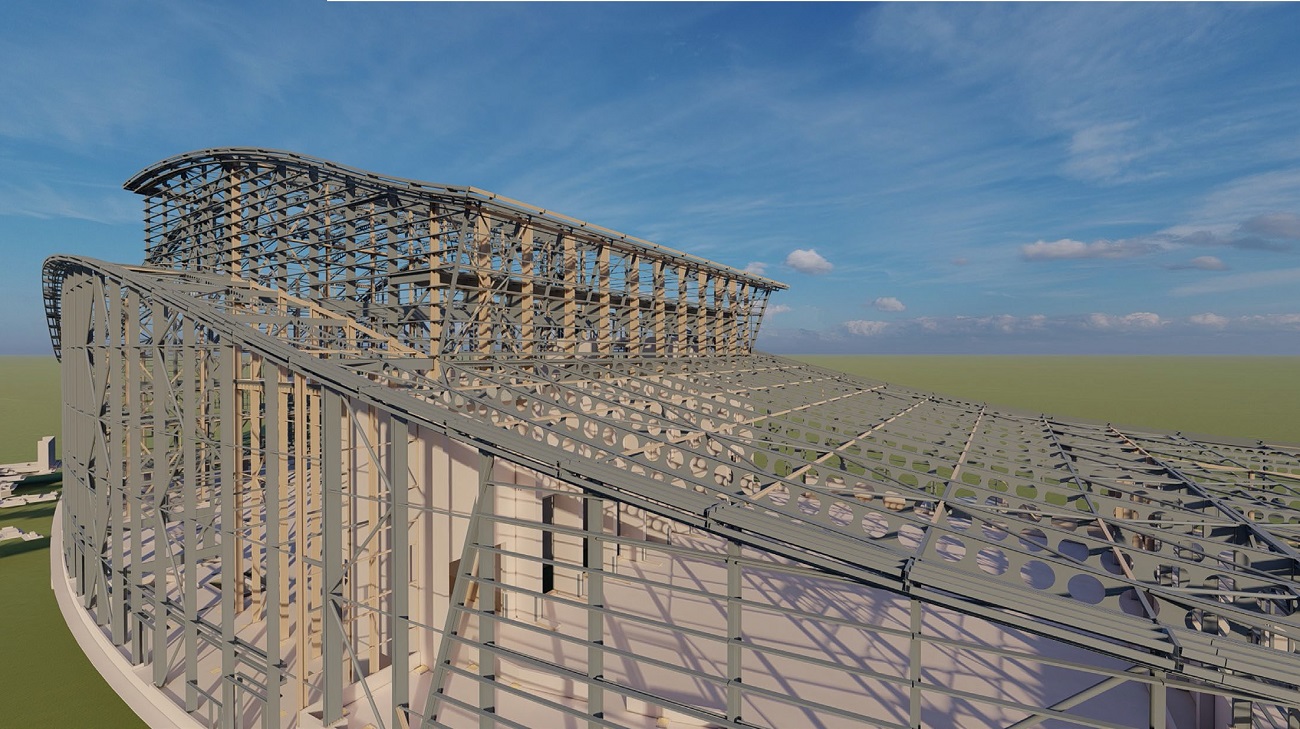 The structure reaches its highest point at the boiler house