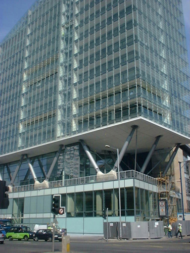 Residential building over commercial levels supported by inclined tubular columns, Manchester