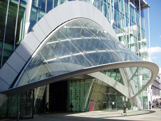 Use of glass canopy supported by curved steelwork