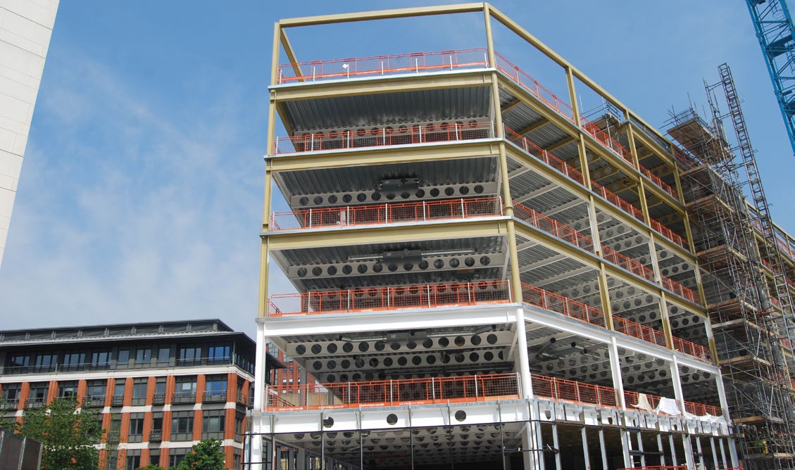All of the development’s commercial buildings are wedge-shaped on plan