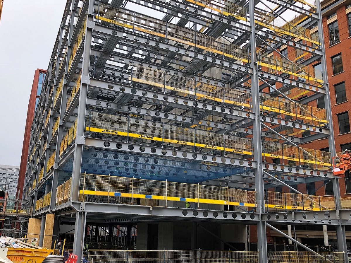 Stability for the steel frame is provided by one concrete core