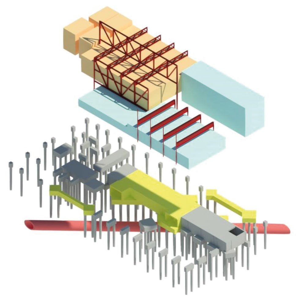 Model showing the leisure centre's truss arrangement and the long beams spanning the main pool