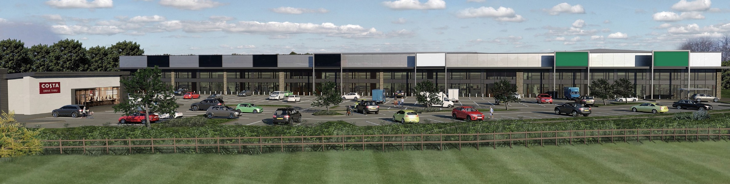 How the completed retail structure and the adjacent drive thru will look