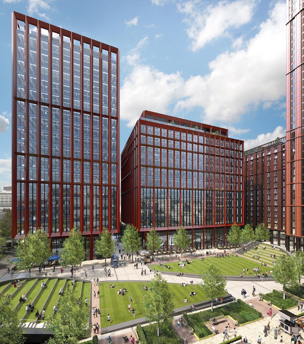 The commercial blocks overlook a new public square