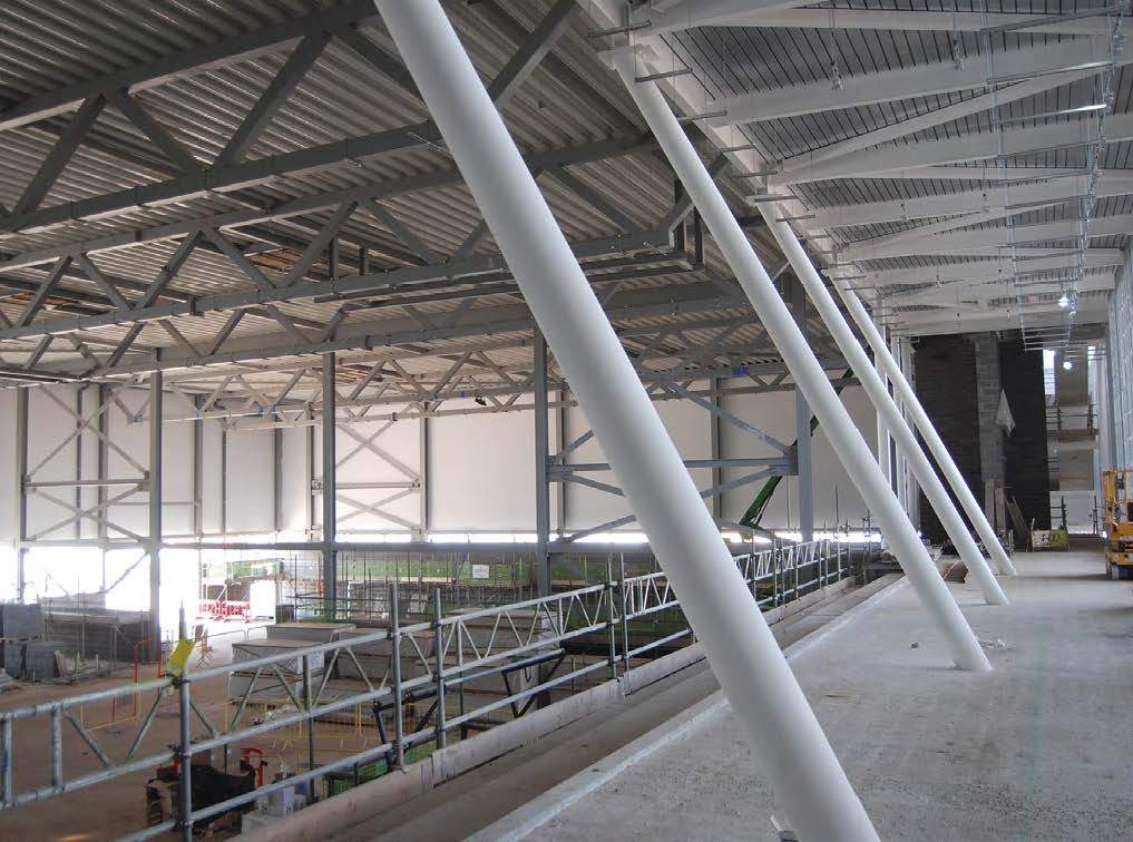 Architectural raking columns adorn the sports hall’s viewing gallery