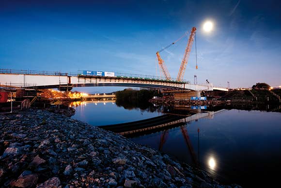 Steel was erected by cranes positioned on the river banks to avoid any work in or over the river